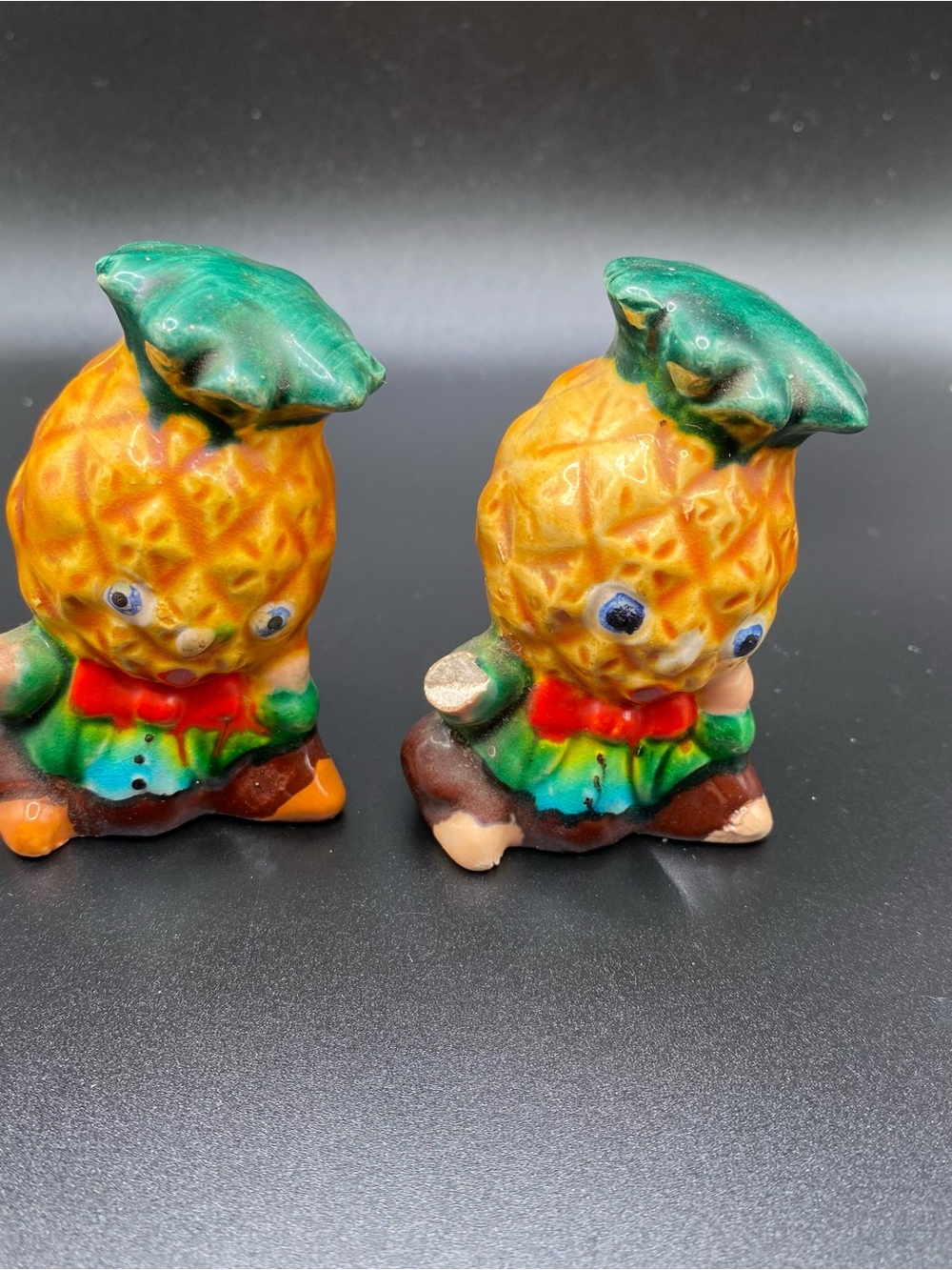 Whimsical Pineapple salt and pepper shakers Ceramic FigurineGreen/Yello